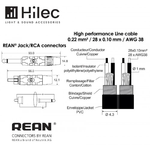 CABLE 2 JACK 6.3 MONO A 2 RCA MACHO 1.5m PREMIUM HILEC