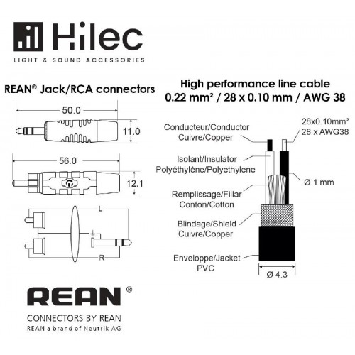 CABLE 1 MINI JACK 3.5 ST A 2 RCA 1.5m PREMIUM HILEC